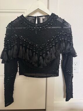 ASOS Black Beaded Tassel Long-Sleeve Crop Top